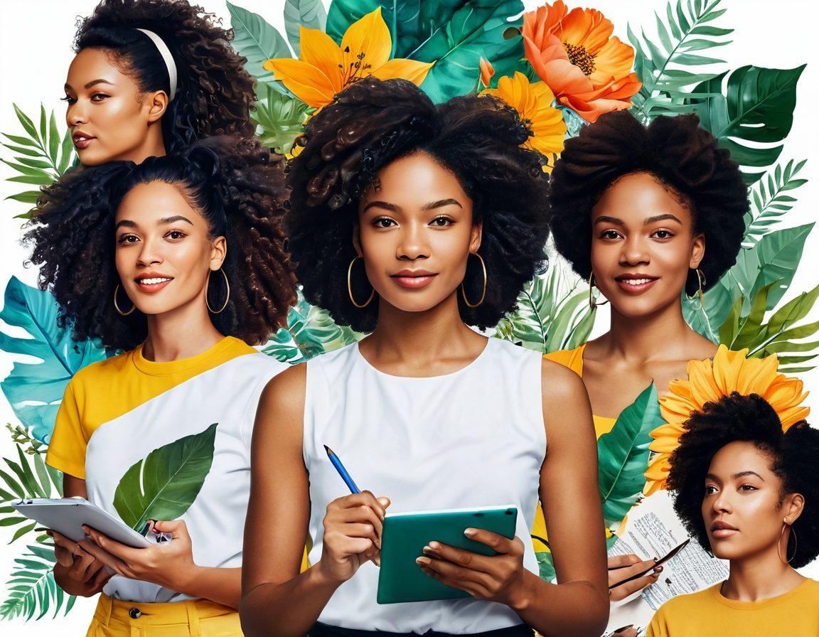 A powerful collage showcasing diverse women of different ethnicities and backgrounds, deeply engaged in various forms of creative expression like writing, painting, and digital content creation. Include elements of nature and technology symbolizing growth and innovation around them, with empowering quotes subtly integrated into the background. Bright and uplifting color palette to reflect celebration and empowerment. super-realistic. vibrant colors. white background.