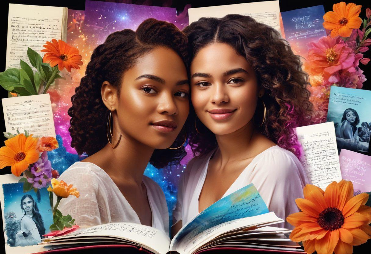 A collage of vibrant, open diaries morphing into glowing digital screens, featuring diverse women from various cultures sharing stories. Each diary page showcases handwritten notes, while the digital screens display uplifting quotes and images representing empowerment, collaboration, and creativity. The background is filled with symbolic elements like flowers and light beams to emphasize growth and inspiration. super-realistic. vibrant colors. uplifting atmosphere.