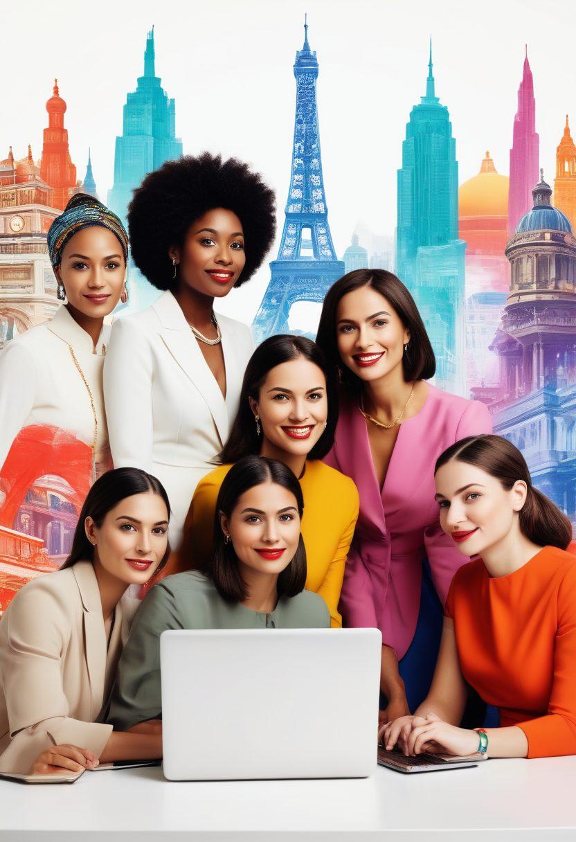 A diverse group of women leaders gathered around a table, sharing ideas and inspiring each other, with a backdrop of iconic landmarks representing various cultures. Vivid colors highlight their expressions of determination and collaboration, while a subtle glow signifies creativity and ambition. Incorporate elements of technology like laptops and smartphones, symbolizing the blogging landscape. super-realistic. vibrant colors. white background.